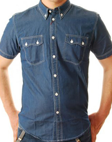 Merc - Short Sleeve Button-down Shirt - Denim Look