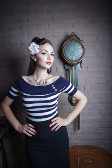 Miss Fortune - Nautical Nancy Off The Shoulder Top - Navy White