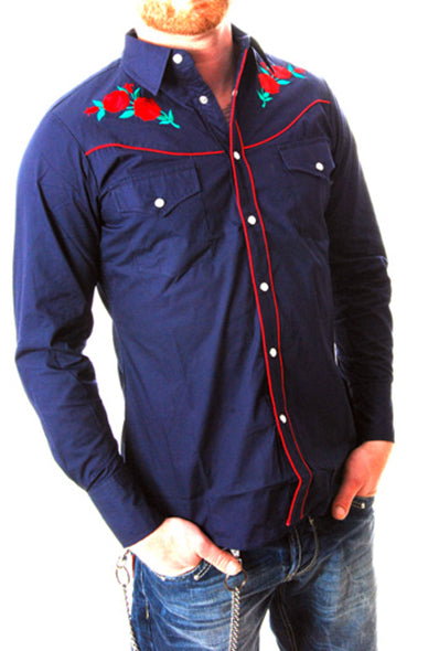 Pop Boutique - Rose Western Shirt-Navy